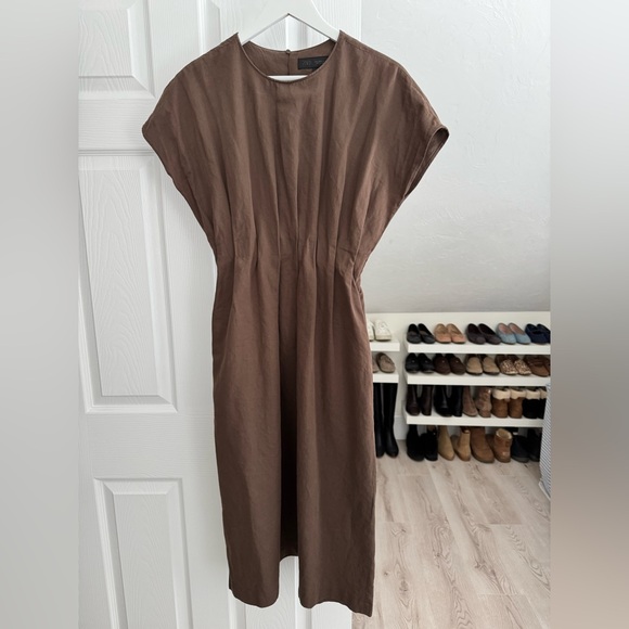 ZARA Zw Collection Pleated Midi Dress Brown XS - Picture 3 of 6